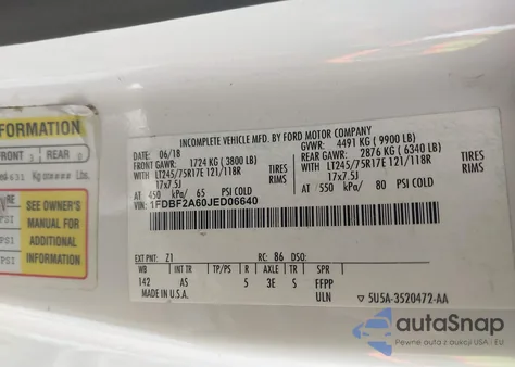 2018 Ford F-250 Xl z USA, uszkodzony, nr VIN 1FDBF2A60JED06640